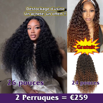 AILUXY 2 Perruques Combo = 259 € : Perruque noir curly 26 pouces+ Perruque bandeau 1BT33# Curly 24 pouces blended Cadeau-Identique à la photo