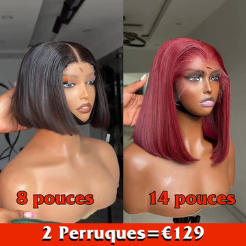 AILUXY 2 Perruques = 129 € : Perruque Lisse  14 pouces 99J Rouge + Perruque Lisse Bob Lace 8 pouces Couleur au hasard – 100% Cheveux Humains