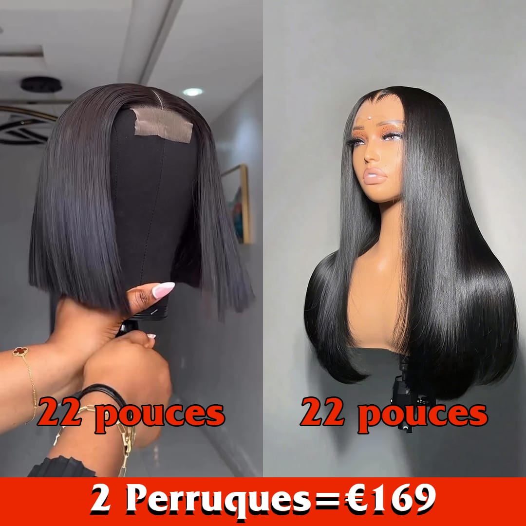 AILUXY 2 Perruques= €169 : Perruque Lisse 22 pouces + Perruque Lisse Bob 4x4 Lace 8 pouces – 100% Cheveux Humains