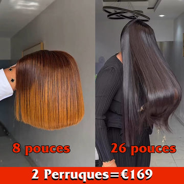AILUXY 2 Perruques= €169 : Perruque Lisse  26 pouces + Perruque Lisse Couleur Bob Lace 8 pouces – 100% Cheveux Humains