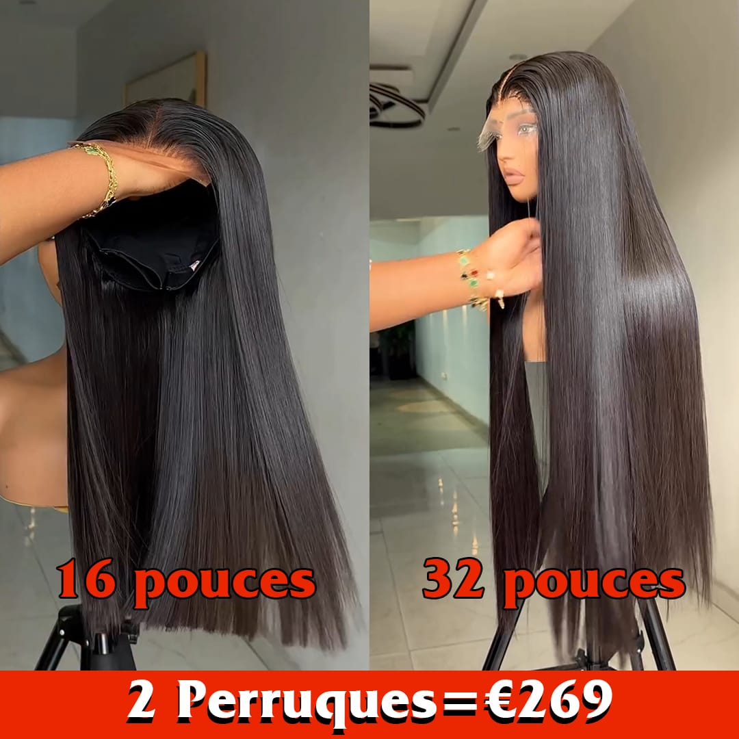 AILUXY 2 Perruques= €269 : Perruque Lisse 32 pouces + Perruque Lisse 13x4 Lace 16 pouces – 100% Cheveux Humains