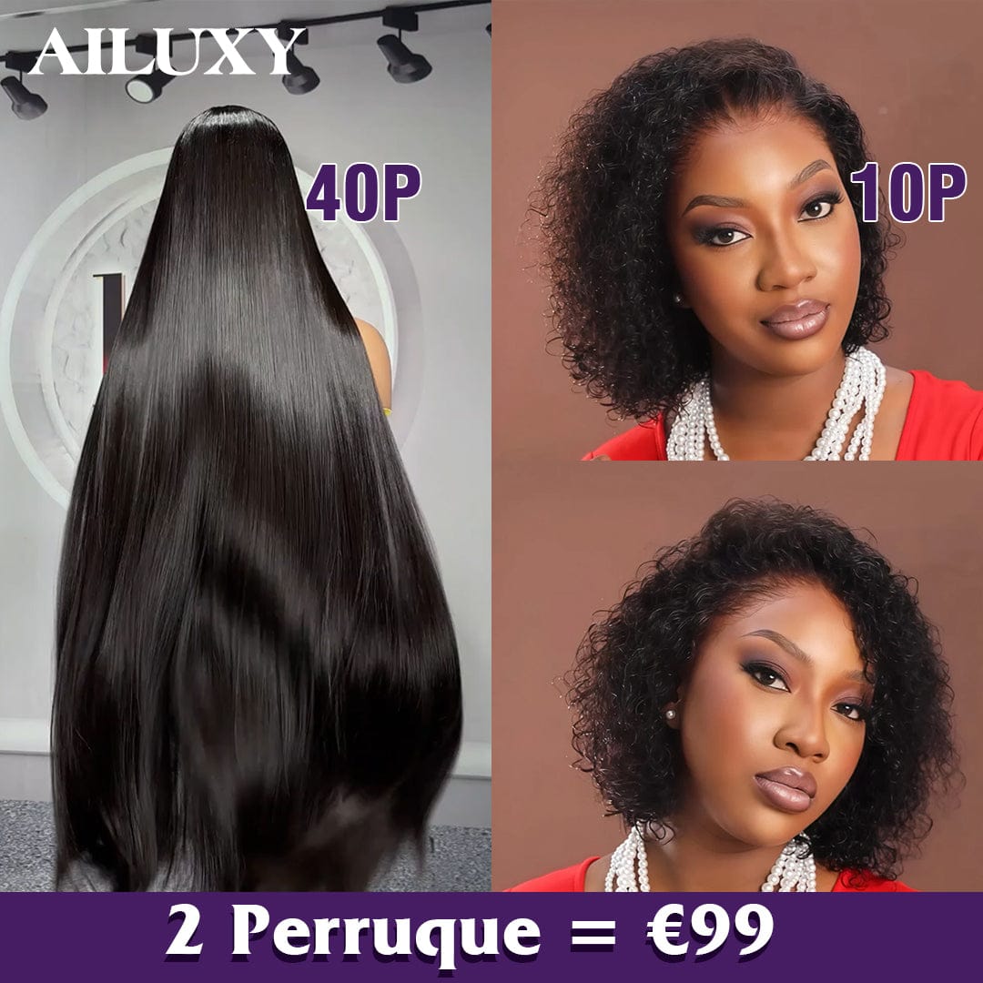 AILUXY 2 Perruques=€259  Lisse avec Frange 40 Pouces et 13x4 Lace Frontal Perruque Curly 10 Pouces en 100% Cheveux Humains