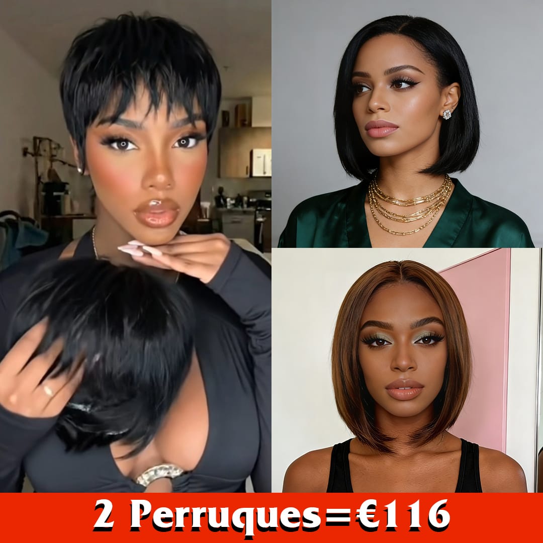 AILUXY 3 Perruques=€116 perruque Pixie sans colle Naturels + 2 Perruques  lisse bob 10 pouces Blended Cadeau | Identique à la photo