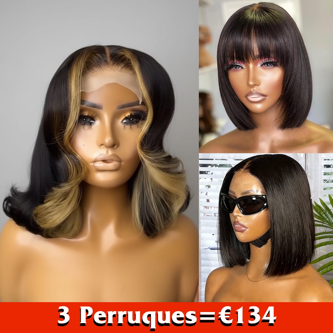AILUXY 3 Perruques=€134  Perruque bob en Dentelle Couleur Mèches  Naturels +2 Perruques lisse  bob 10 pouces  | identique à la photo