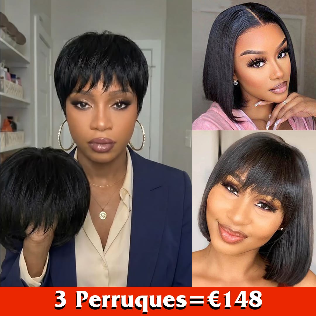 AILUXY 3 Perruques=€148 perruque Pixie Sans Colle Naturels 100% Cheveux Humains +2 Perruques lisse bob 10 pouces Cadeau | identique à la photo