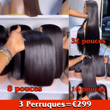 AILUXY 3 Perruques= €299 : Perruque Lisse Bob 4x4 Lace 8 pouces+Perruque Lisse 32 pouces et 16 pouces