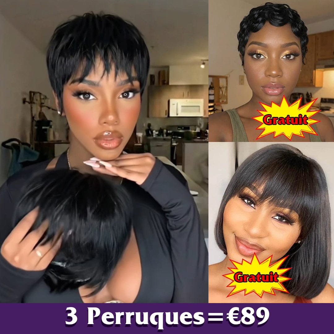 AILUXY 3 Perruques=€89 perruque Pixie Sans Colle Naturels 100% Cheveux Humains + Perruques lisse bob 10 pouces+Perruque Pixie Finger Wave Blended Cadeau | identique à la photo