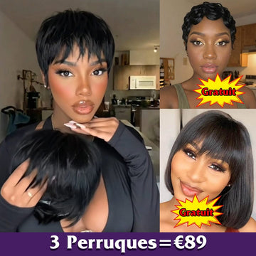 AILUXY 3 Perruques=€89 perruque Pixie Sans Colle Naturels 100% Cheveux Humains + Perruques lisse bob 10 pouces+Perruque Pixie Finger Wave Blended Cadeau | identique à la photo