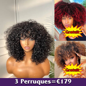 AILUXY Lot de 3 Perruques à 179€ : Perruque Afro Bouclée avec Frange 100% Cheveux Humains + 2 Cadeaux Gratuits | Identique à la Photo