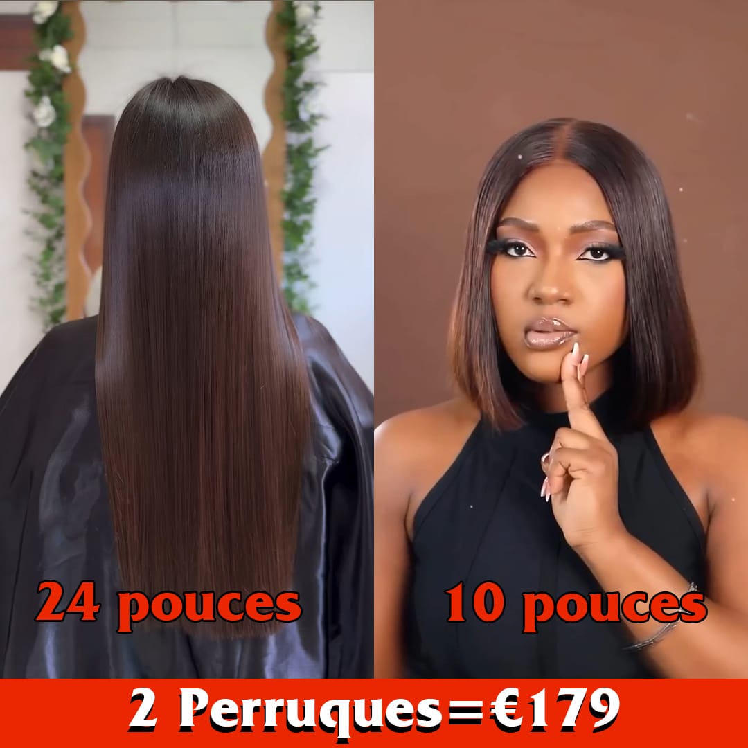 AILUXY Prix d'usine 2 Perruques= €179 Perruque lisse 24 pouces  Gratuit + 13x4 Lace Frontal Perruque lisse 1bt30 10 Pouces en 100% Cheveux Humains