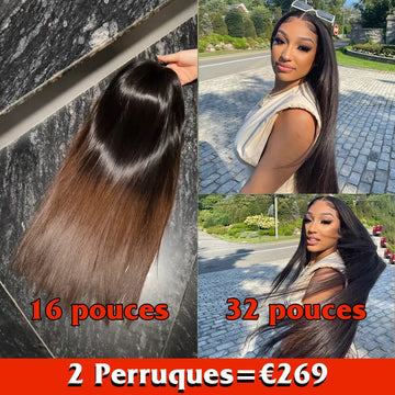 AILUXY Prix d'usine 2 Perruques=€269 Perruque lisse 32 pouces et Perruque dentelle 13x4 lisse 1bt4 16 Pouces en 100% Cheveux Humains