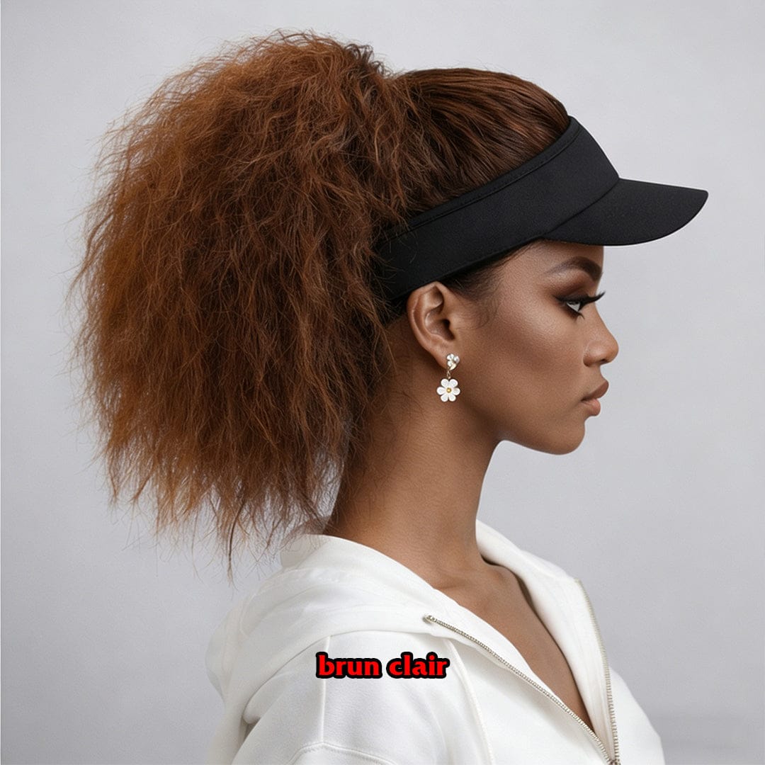 AILUXY Perruque Queue de Cheval Crépue avec Casquette – Texture Bouffante, Noir Naturel / Brun Froid / Brun Clair