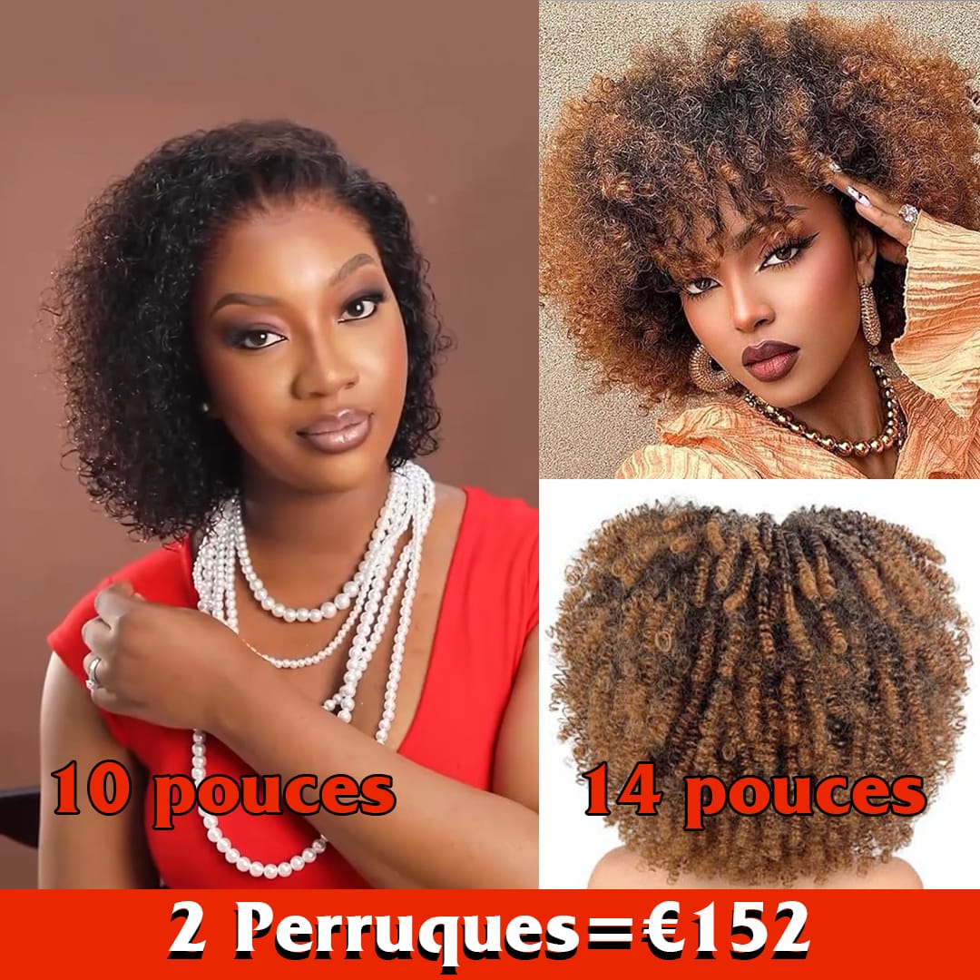 AILUXY 1 acheté 1 offert – Perruque Sans Colle Afro curly 1B33# 14 pouces Blended Cadeau + Perruque Bouclée 13x4 Lace 10 pouces-100 % cheveux humains-identique à l’image