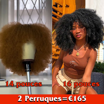 AILUXY 2 Perruques = 165 € !! 1 Acheté = 1 Offert – Sans Colle Perruque 16 pouces  Bob Avec Frange Afro Naturelle et Perruque 14 pouces Bob Avec Frange Afro Couleur miel blond – 100% Cheveux Humains