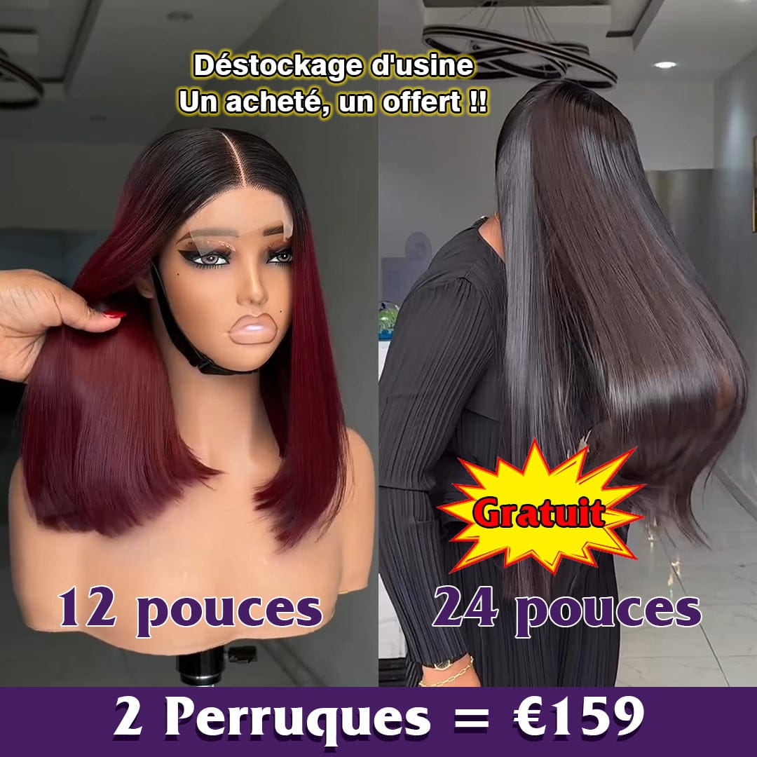 AILUXY Prix d'usine | 2 Perruques = 159€ | 1 acheté = 1 offert Perruque lisse Lace 1B99J# dégradé rouge vin 12 pouces + Perruque lisse SY 24 pouces Blended Cadeau |  identique à la photo