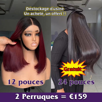 AILUXY Prix d'usine | 2 Perruques = 159€ | 1 acheté = 1 offert Perruque lisse Lace 1B99J# dégradé rouge vin 12 pouces + Perruque lisse SY 24 pouces Blended Cadeau |  identique à la photo