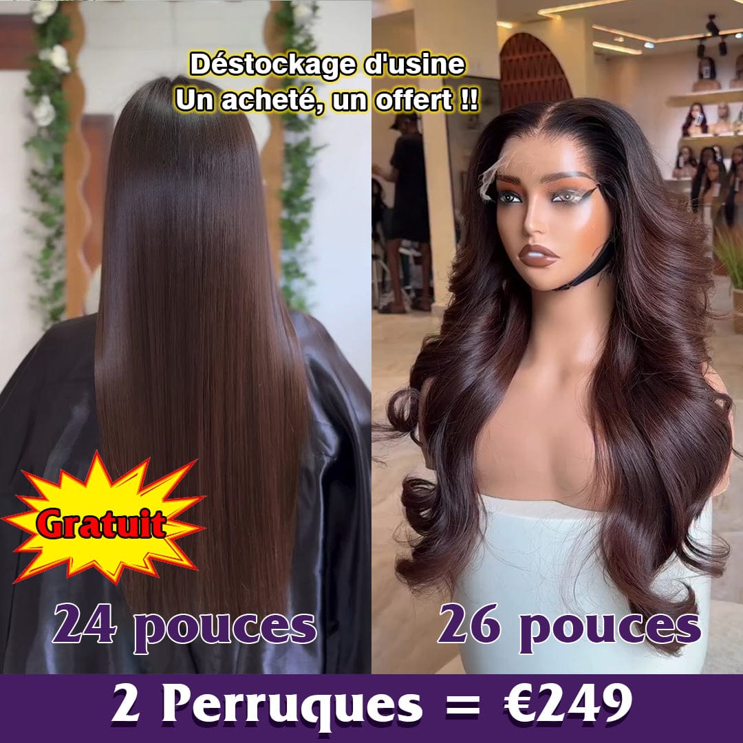 AILUXY Prix d'usine | 2 Perruques = 249€ | 1 acheté = 1 offert Perruque Body wave Lace 2# brun 26 pouces + Perruque lisse SY 24 pouces brun Blended Cadeau |  identique à la photo