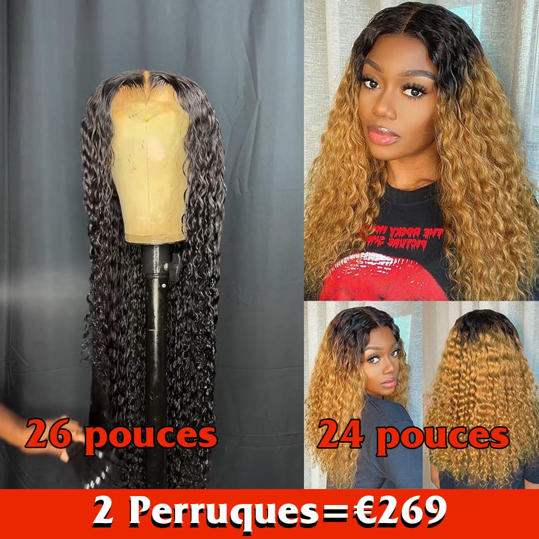 AILUXY | Prix d'usine | 2 Perruques = 269€ | 1 acheté = 1 offert Perruque noir curly 13x4 Lace 26 pouces + Perruque Blended lisse SY 24 pouces curly 1B33# Cadeau |  identique à la photo