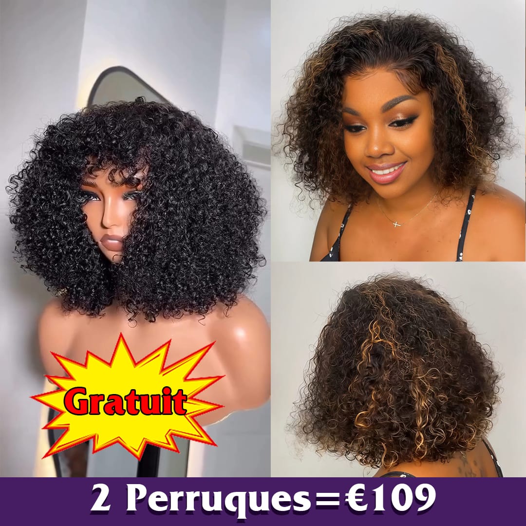 AILUXY 2 Perruques = €109 : Perruque Lace Front Curly Bob 100% Cheveux Humains Naturelle + Perruque Curly Sans Colle Blended Cadeau | Identique à la Photo