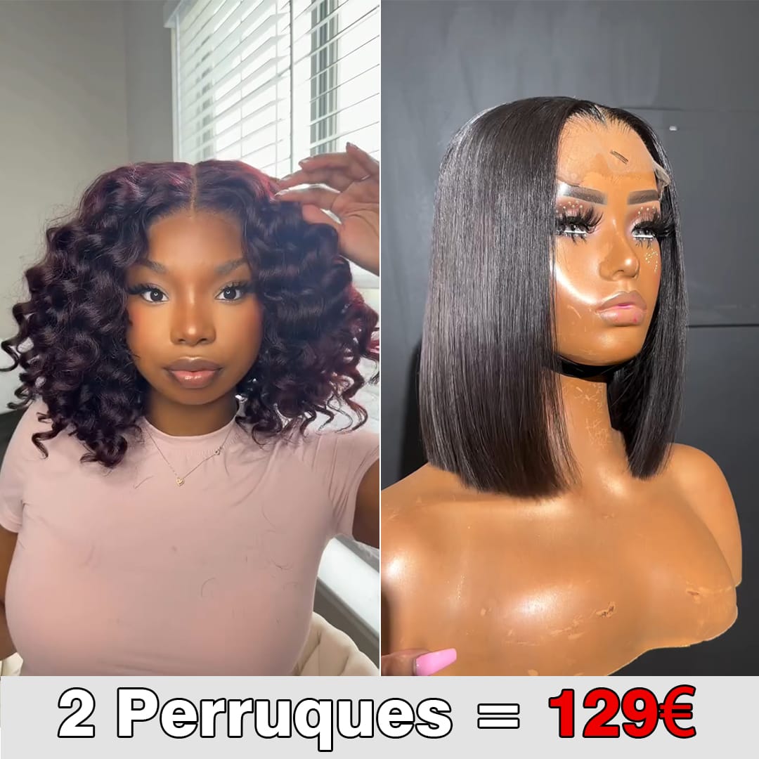AILUXY 2 Perruques = €129 | 100% Cheveux Humains Bouclé Bordeaux + Cheveux Blended Bob Noir Lisse