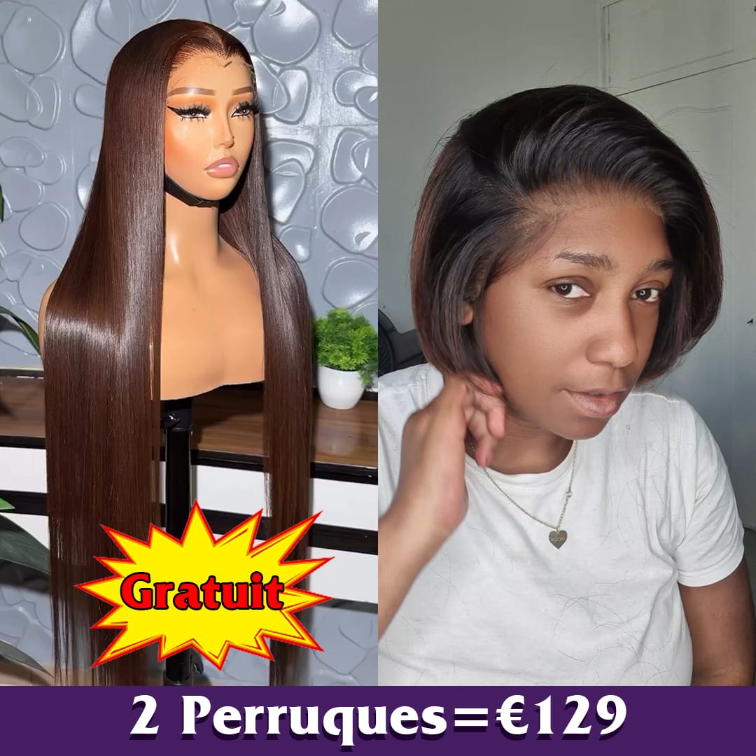 AILUXY 2 Perruques = €129 | Perruque Lisse blended 24" (Cadeau) + Perruque lisse dentelle 8" Bob Court 100%  Cheveux Réels