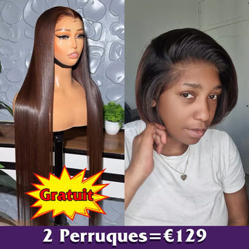 AILUXY 2 Perruques = €129 | Perruque Lisse blended 24" (Cadeau) + Perruque lisse dentelle 8" Bob Court 100%  Cheveux Réels