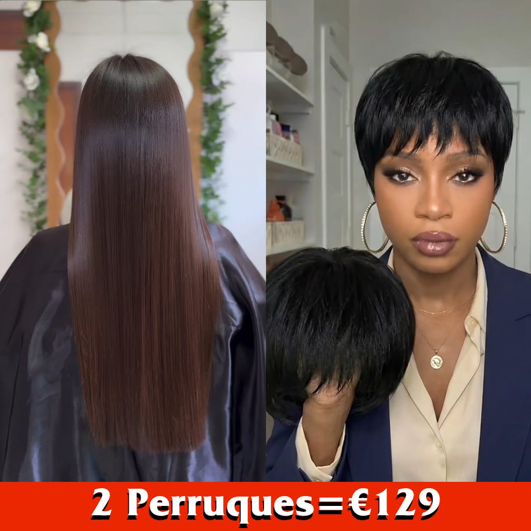 AILUXY 2 Perruques = €129 : Perruque Pixie Courte 100% Cheveux Humains + Perruque Lisse 24” Longue  | Identique à la Photo