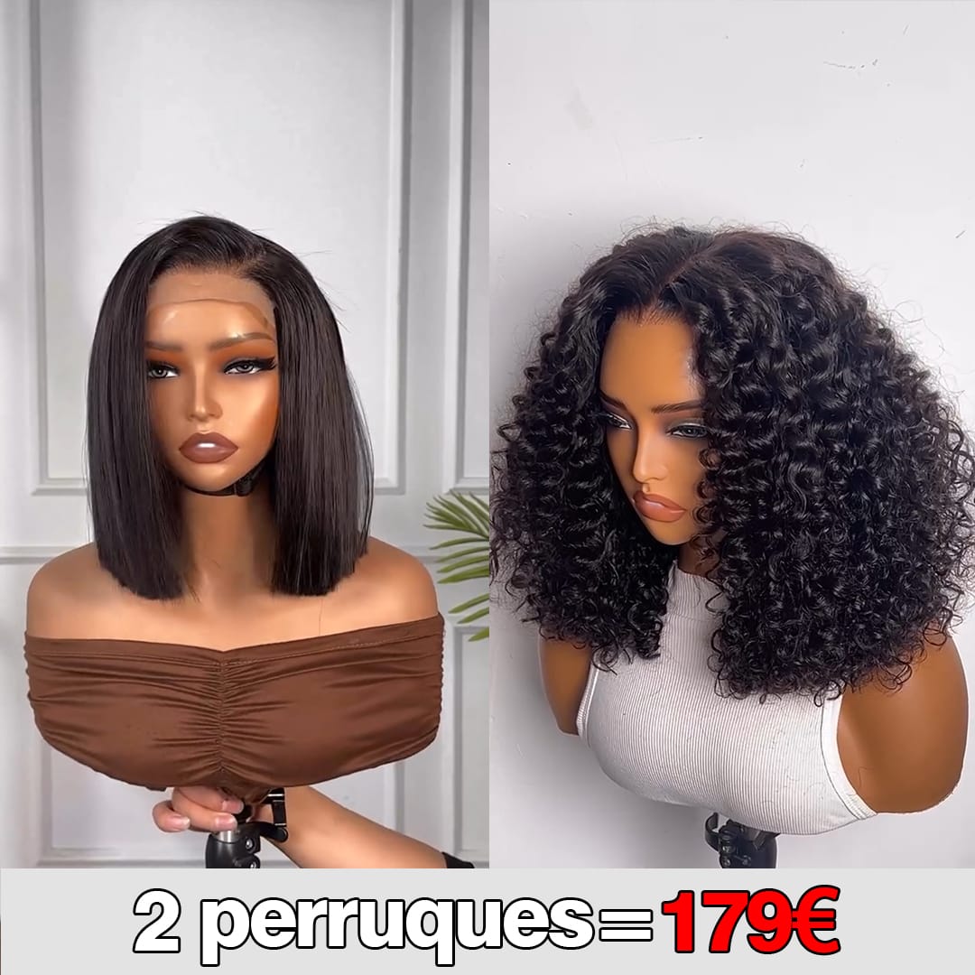 AILUXY 2 Perruques = €179 | Lot 2 Perruques Cheveux Blended Lace Front Bob Lisse + Bouclé Courte Naturelle