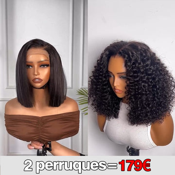 AILUXY 2 Perruques = €179 | Lot 2 Perruques Cheveux Blended Lace Front Bob Lisse + Bouclé Courte Naturelle