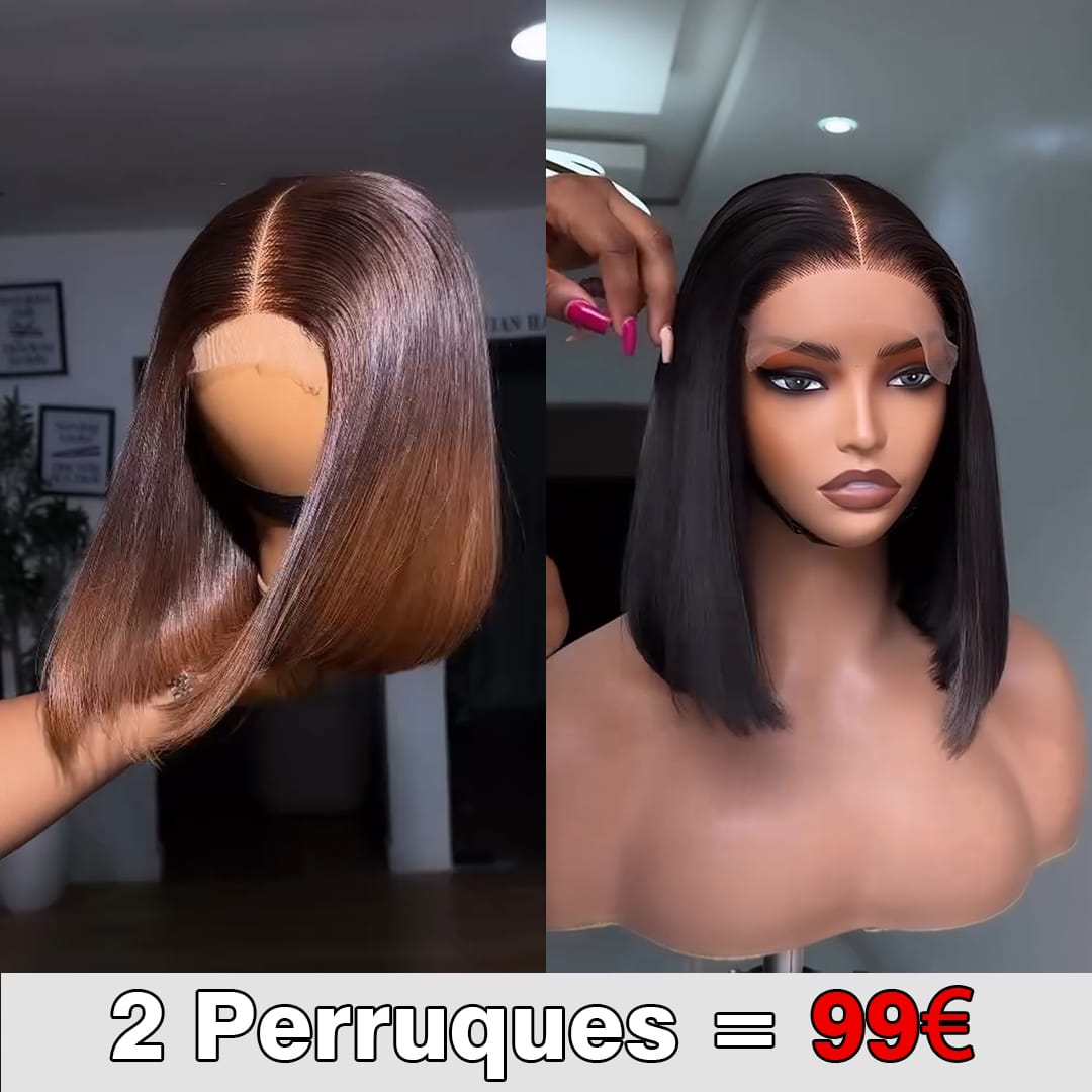 AILUXY 2 Perruques = €99 | 100% Cheveux Humains Lisse Ombré Marron + Cheveux Blended Bob Noir Lisse