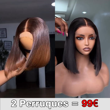 AILUXY 2 Perruques = €99 | 100% Cheveux Humains Lisse Ombré Marron + Cheveux Blended Bob Noir Lisse
