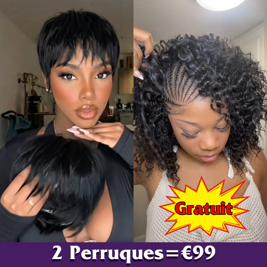 AILUXY 2 Perruques = €99 : Perruque Pixie Courte 100% Cheveux Humains + Perruque Curly Tressée 100% Cheveux Humains (Cadeau) | Identique à la Photo