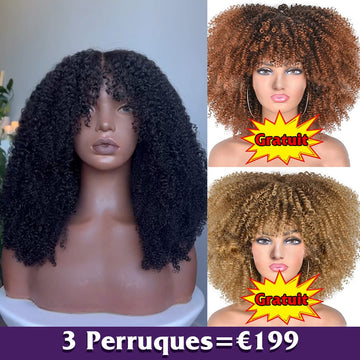 AILUXY 3 Perruques = €199 : Perruque Curly Afro 100% Cheveux Humains Naturelle + 2 Perruques Curly Blended Cadeaux | Identique à la Photo