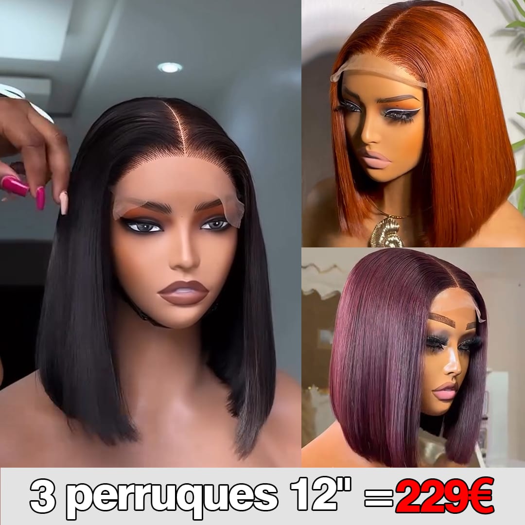 AILUXY 3 Perruques = €229 | Perruque Bob Lace Front 12 Pouces Lot de 3 Perruques Blended Lisses Multicolores