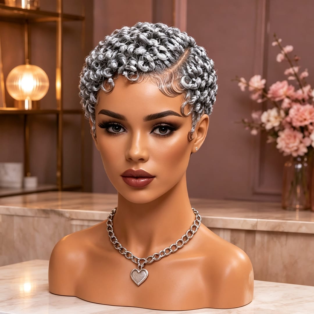 AILUXY Perruque pixie full lace à petites boucles, 8 coloris au choix pour toutes les occasions