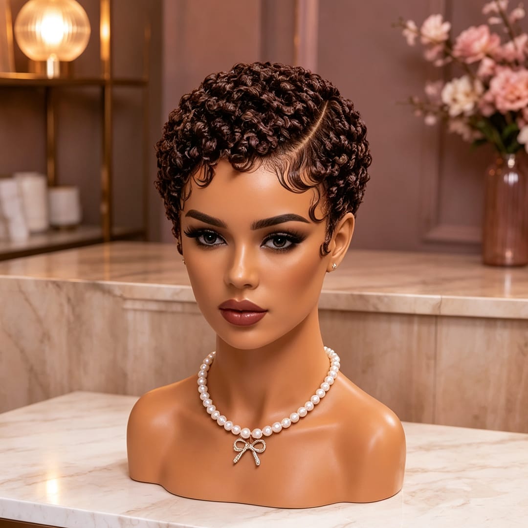 AILUXY Perruque pixie full lace à petites boucles, 8 coloris au choix pour toutes les occasions