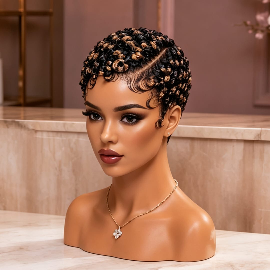 AILUXY Perruque pixie full lace à petites boucles, 8 coloris au choix pour toutes les occasions