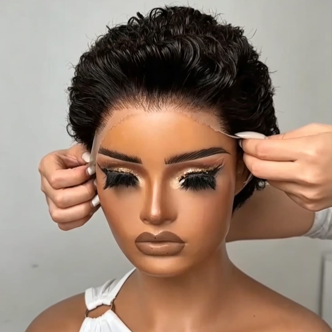 AILUXY Perruque Pixie Courte  à Ondulation Sculptée , Avec 13x4 Lace Front Invisible,  Finition Effet Vernis, Coupe Ancienne Distinguée