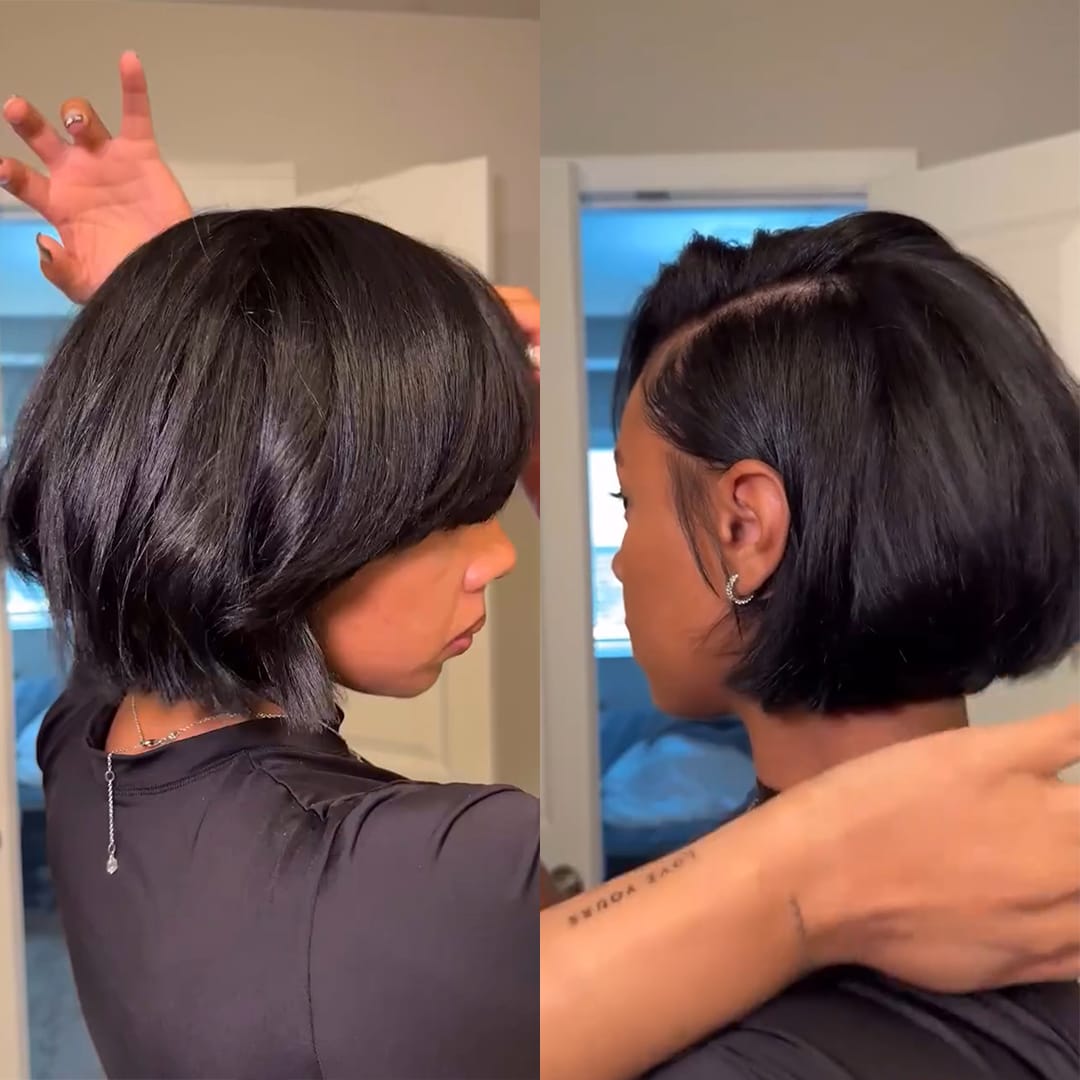 AILUXY Perruque Bob Court Noir Lisse - 100% Cheveux Humains