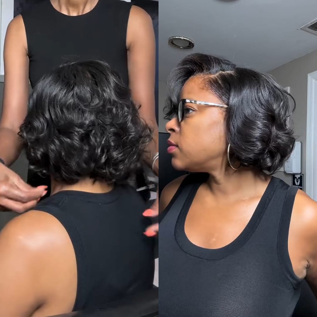 AILUXY Perruque Bob Vague Volumineuse Lace Frontal 13x4 Cheveux Remy Naturel Invisible Ligne Capillaire Style Chic Quotidien