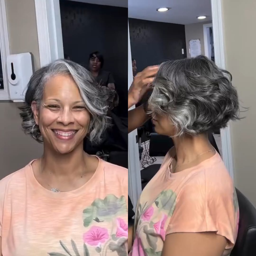 AILUXY Perruque Cheveux Humains Gris Sel et Poivre Bob Vague Dentelle Transparente Adaptée Femme Mature