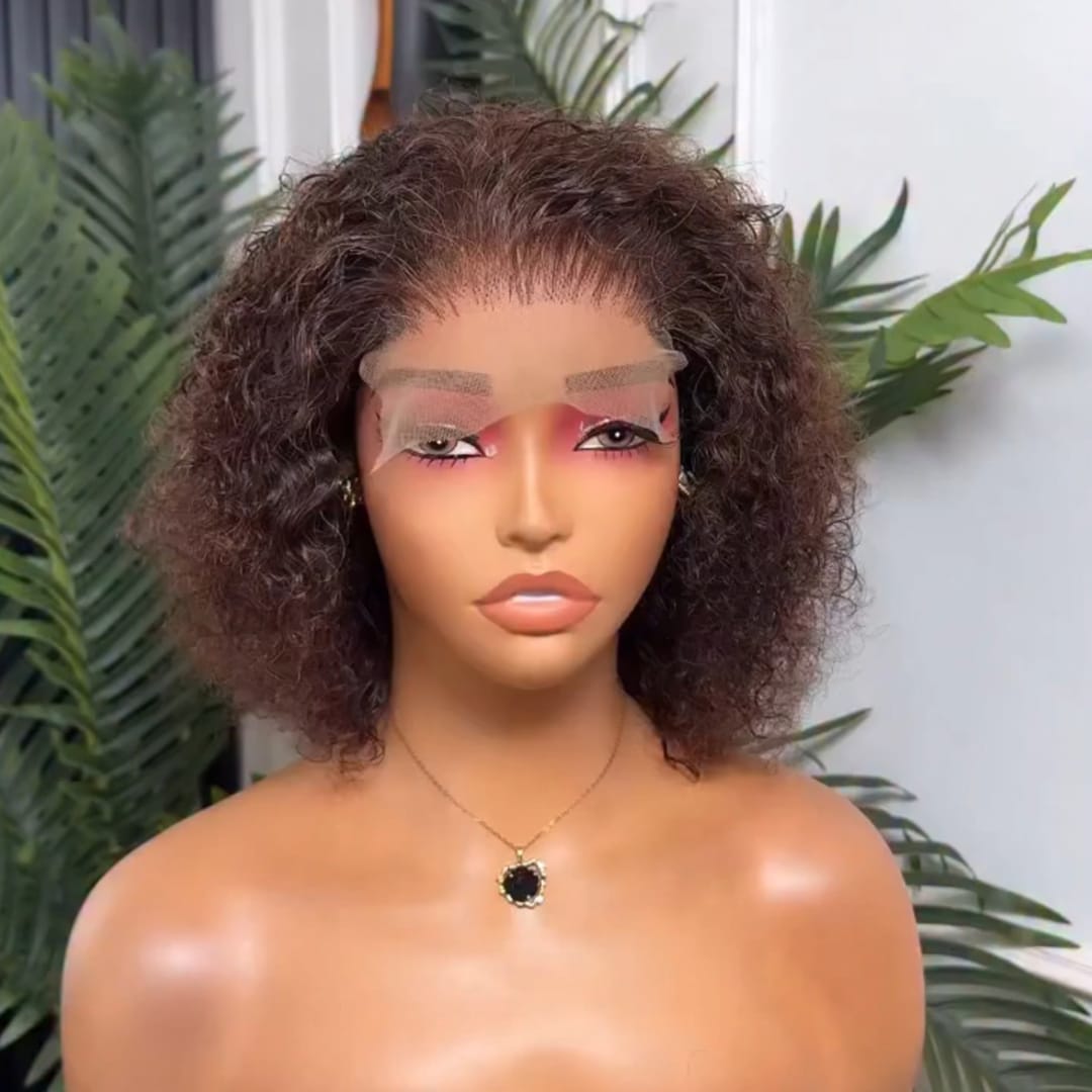 AILUXY Perruque Courte Bouclée Afro Kinky Lace Front Brun Chocolat - Cheveux Humains Naturels