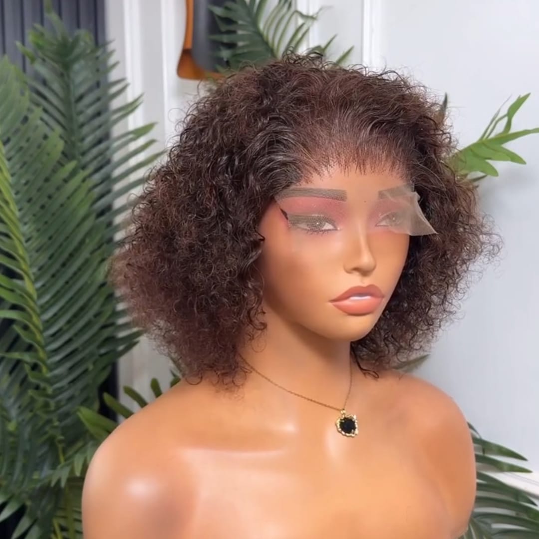 AILUXY Perruque Courte Bouclée Afro Kinky Lace Front Brun Chocolat - Cheveux Humains Naturels