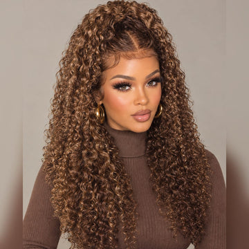 Sans Colle AILUXY 13x4 Lace Frontal Brun Aux Reflets Blonds Bouclé Longue Perruque 100% Cheveux Humains Densité 200%