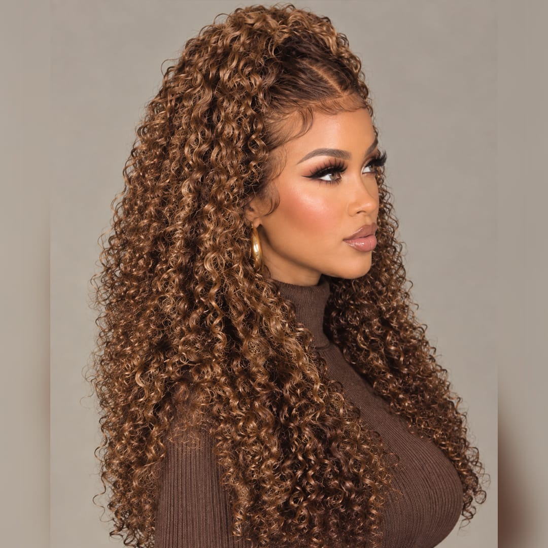Sans Colle AILUXY 13x4 Lace Frontal Brun Aux Reflets Blonds Bouclé Longue Perruque 100% Cheveux Humains Densité 200%