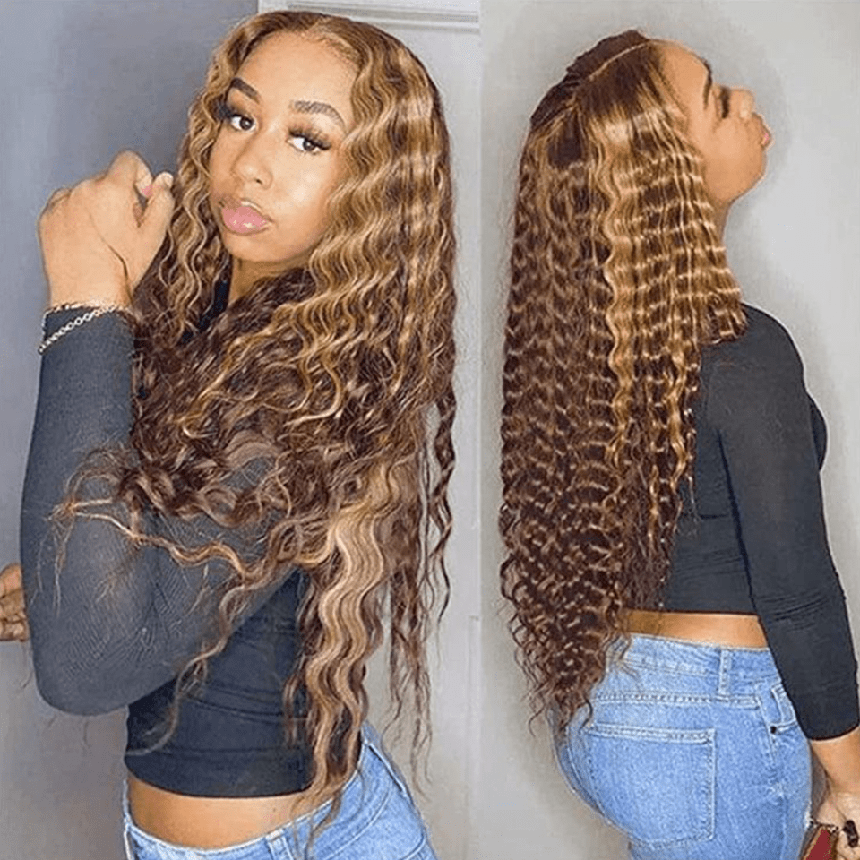 Sans Colle AILUXY 13x4 Lace Frontal Deep Wave Brun Balayage Miel Perruque 100% Cheveux Humains