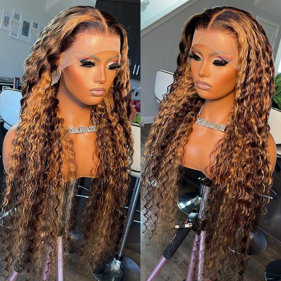 Sans Colle AILUXY 13x4 Lace Frontal Deep Wave Brun Balayage Miel Perruque 100% Cheveux Humains