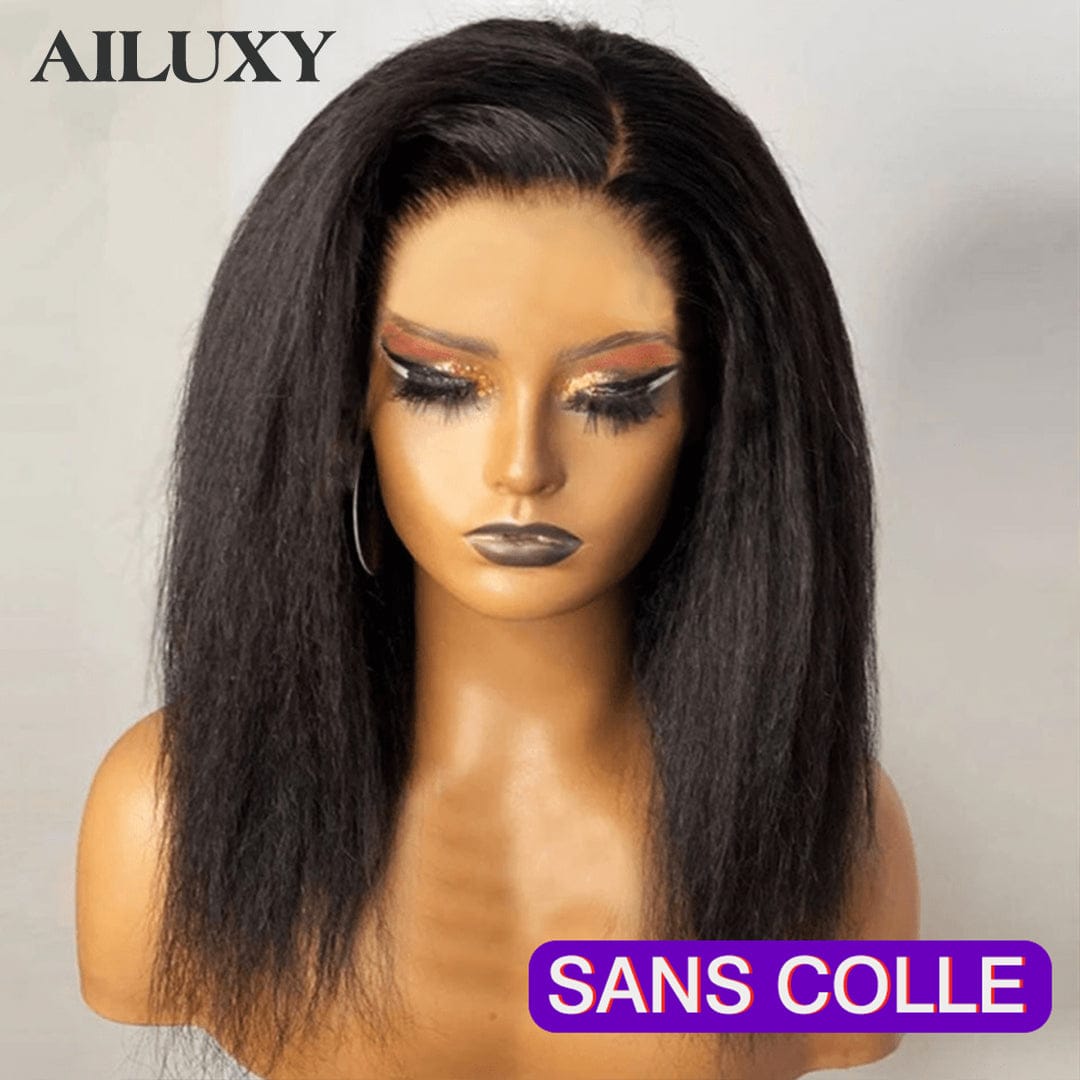 Sans colle AILUXY 13x4 Lace Frontal Kinky Lisse Noir Bob Perruque 200% Densité 100% Cheveux Humains