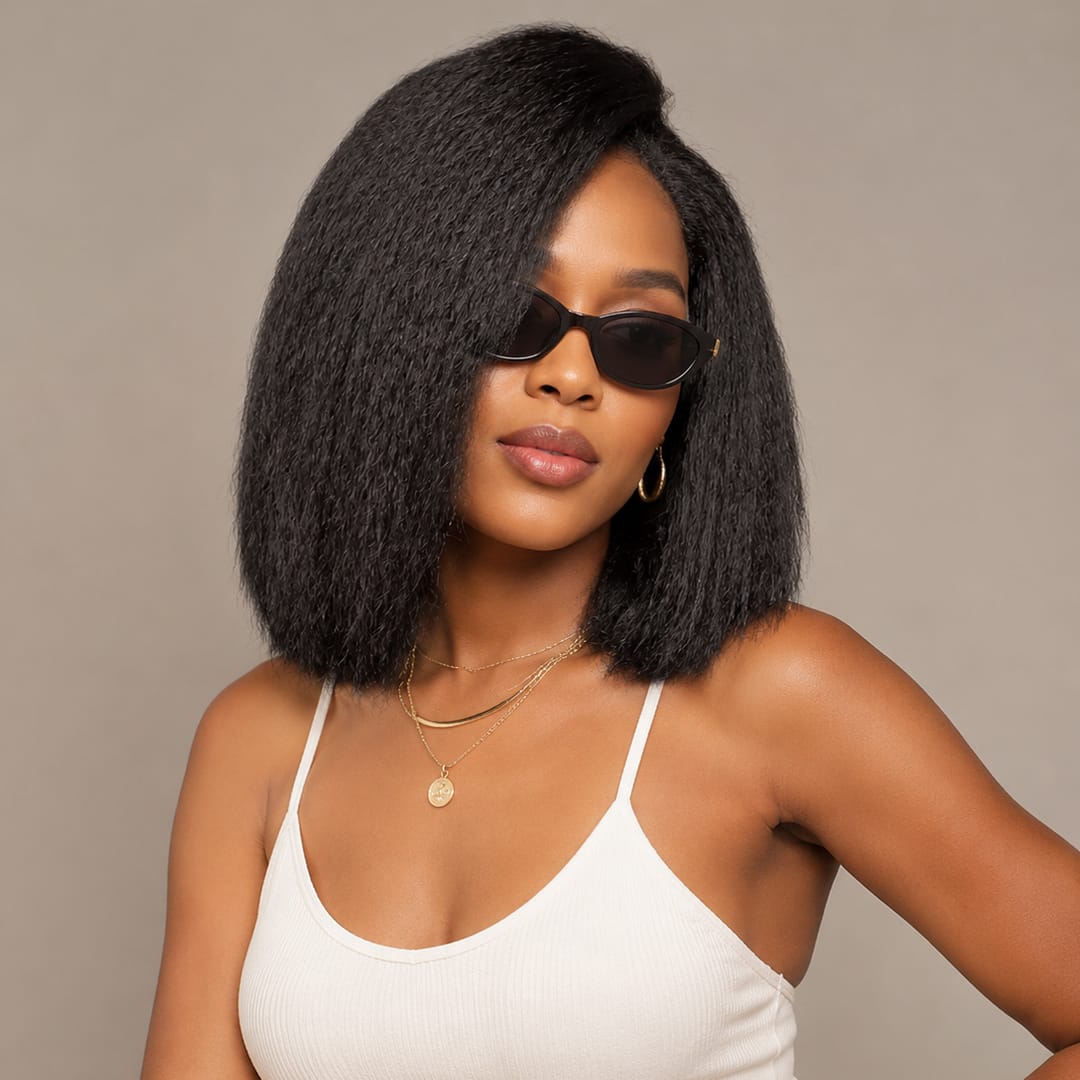 Sans colle AILUXY 13x4 Lace Frontal Kinky Lisse Noir Bob Perruque 200% Densité 100% Cheveux Humains