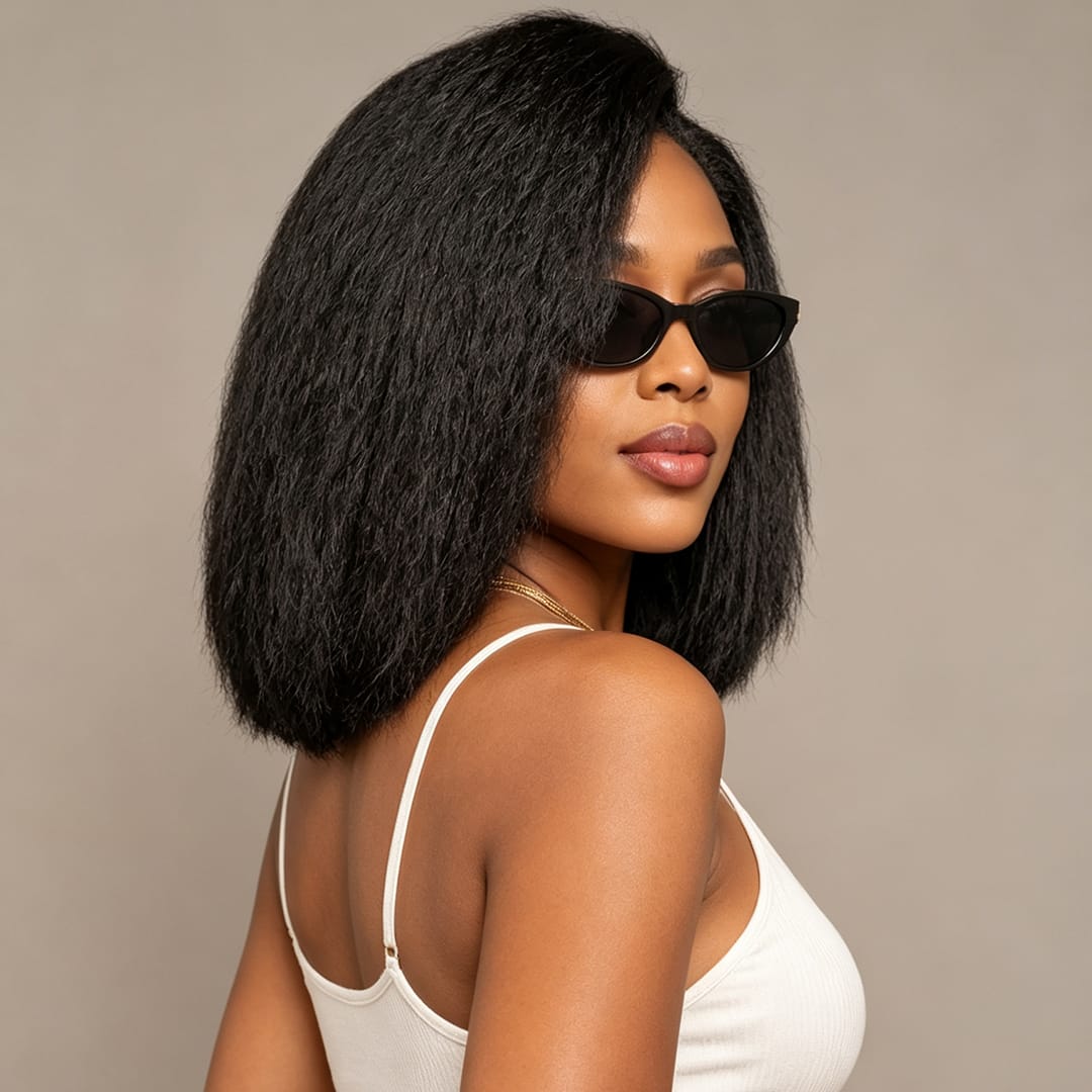 Sans colle AILUXY 13x4 Lace Frontal Kinky Lisse Noir Bob Perruque 200% Densité 100% Cheveux Humains